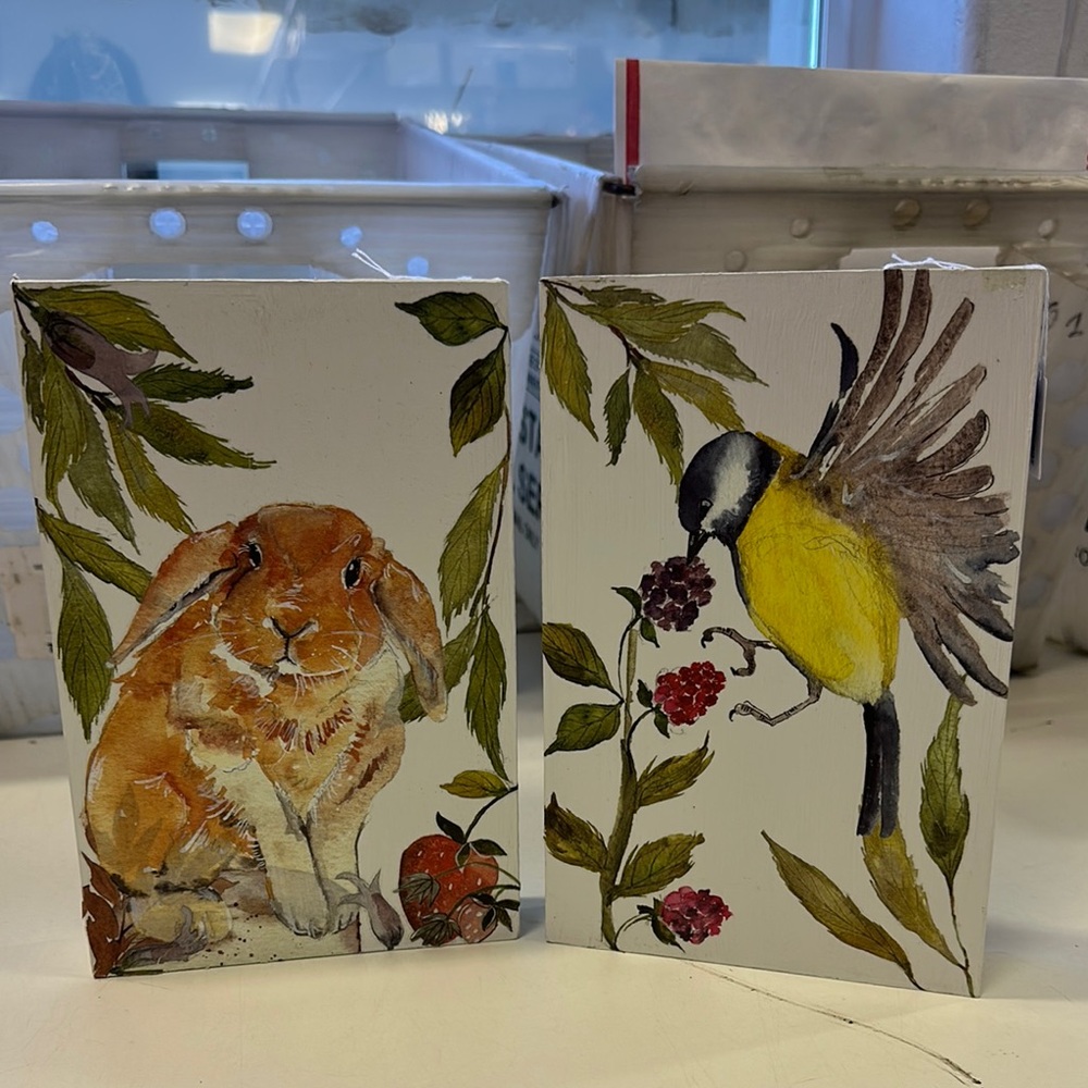 Handcrafted Bird and Rabbit Decorative Plaques- set of two